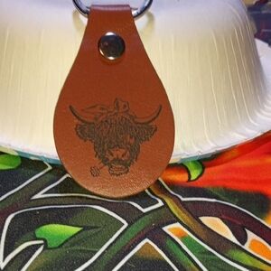 Brown Leather Keychain with Highland Cow